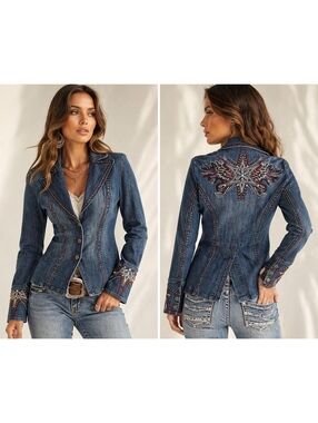 ETHYL Vintage Style Denim Embellished Fitted Blazer NWT Size Small MSRP $149USD